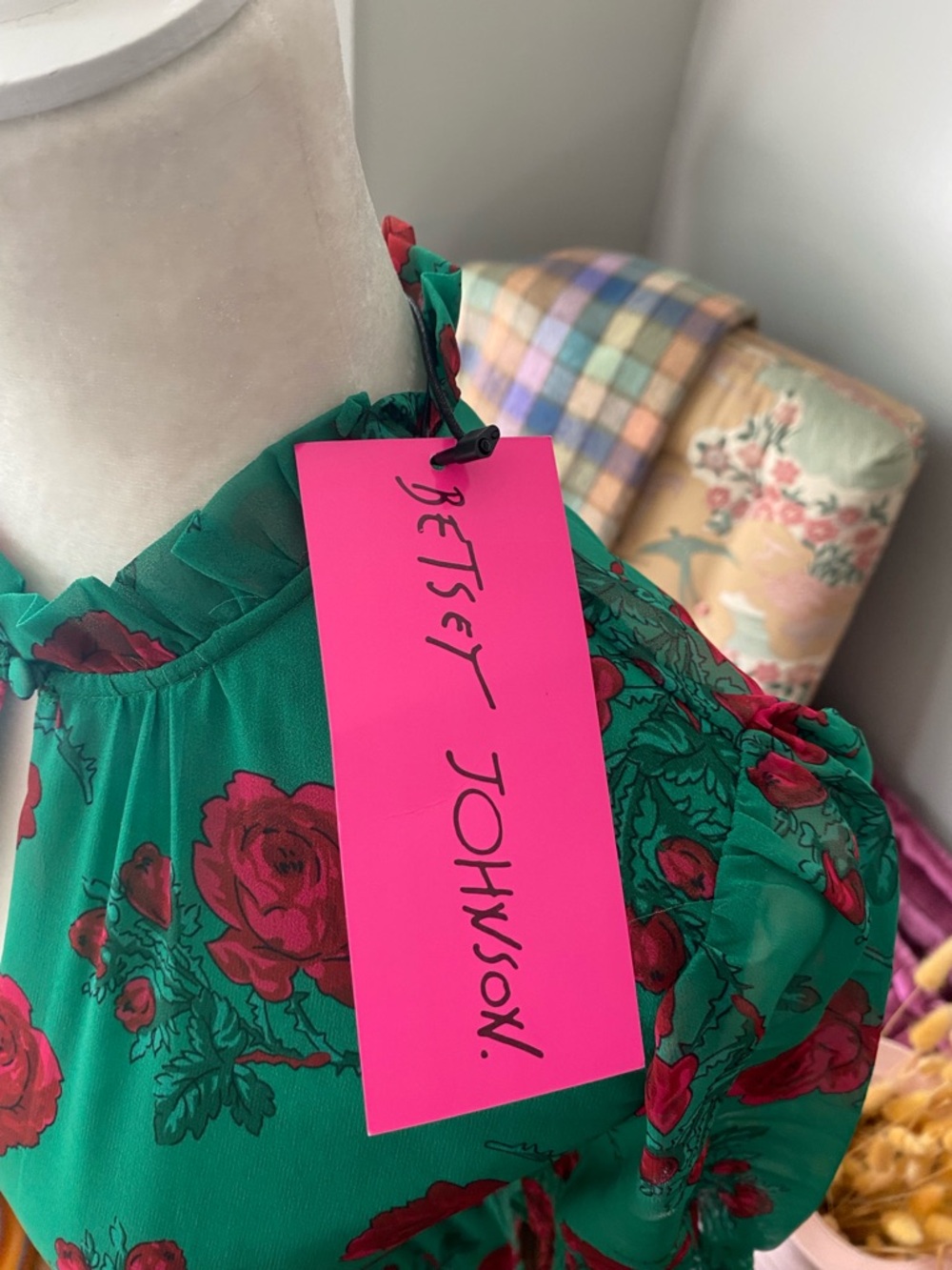Betsey Johnson Green Maxi Dress with Pink Rose Print - Picture 3 of 12